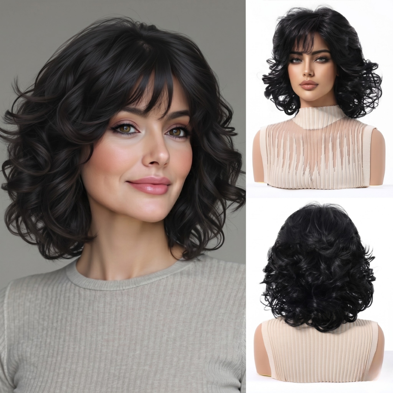 Voluminous Mid-Length Wavy Synthetic Wig | Short Curly Brown Wigs for Women