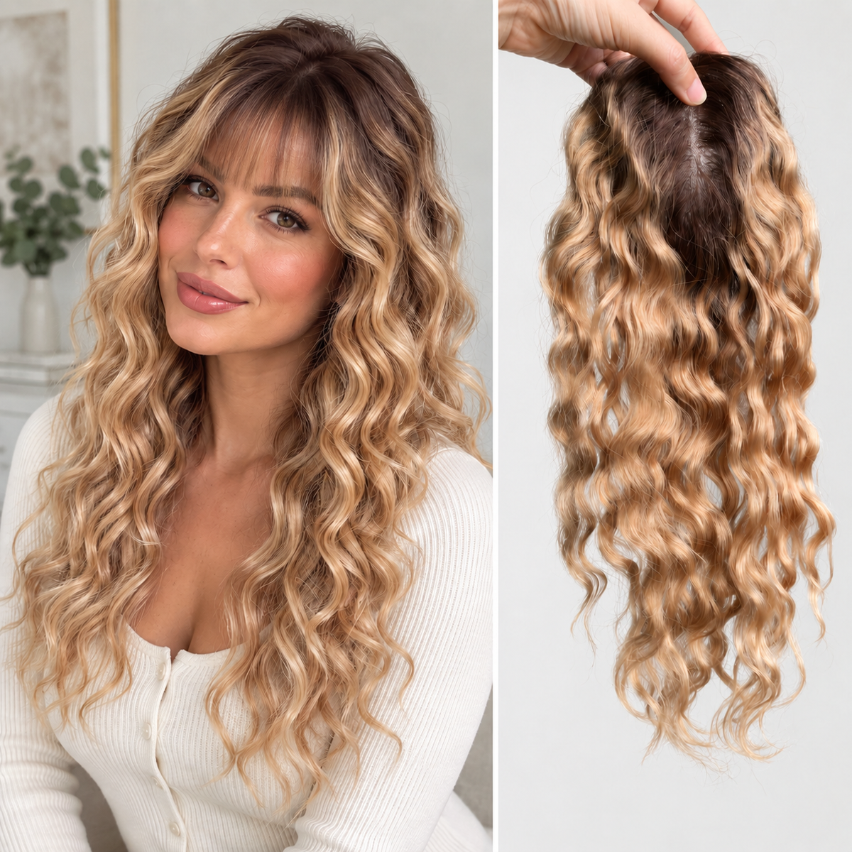 Full Hand tied Base Curly Wavy Human Hair Toppers Clip in Topper for Women