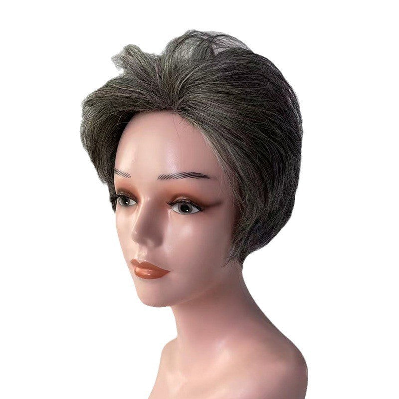 ふわふわでスタイリッシュなソルトペッパー人毛ウィッグ(女性用)