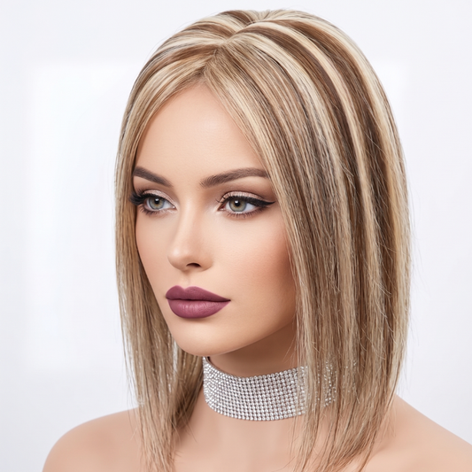 Luxury Blonde Highlights Straight Hair Topper for Women | Silk Base Human Hair Piece