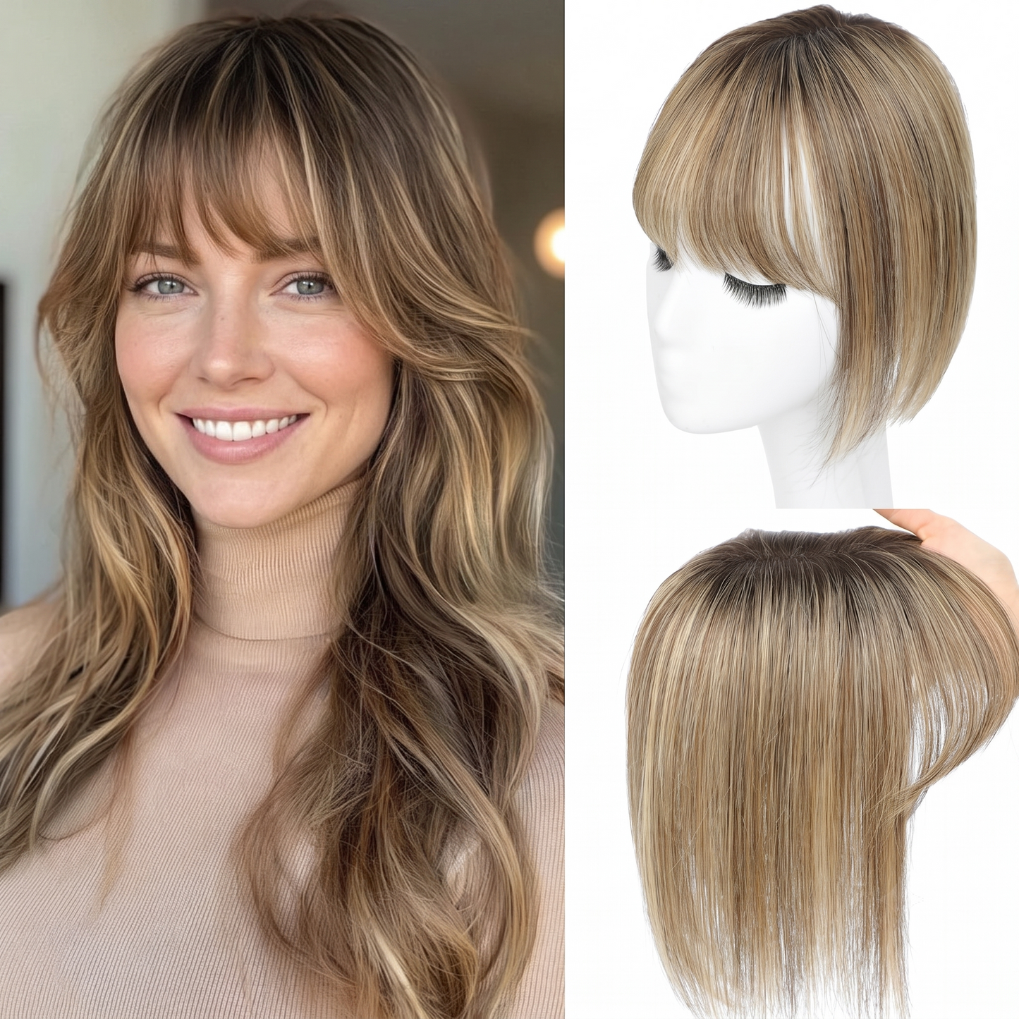 Postizos de cabello humano liso para mujer, extensiones de cabello humano real con flequillo, para cabello fino y fino.