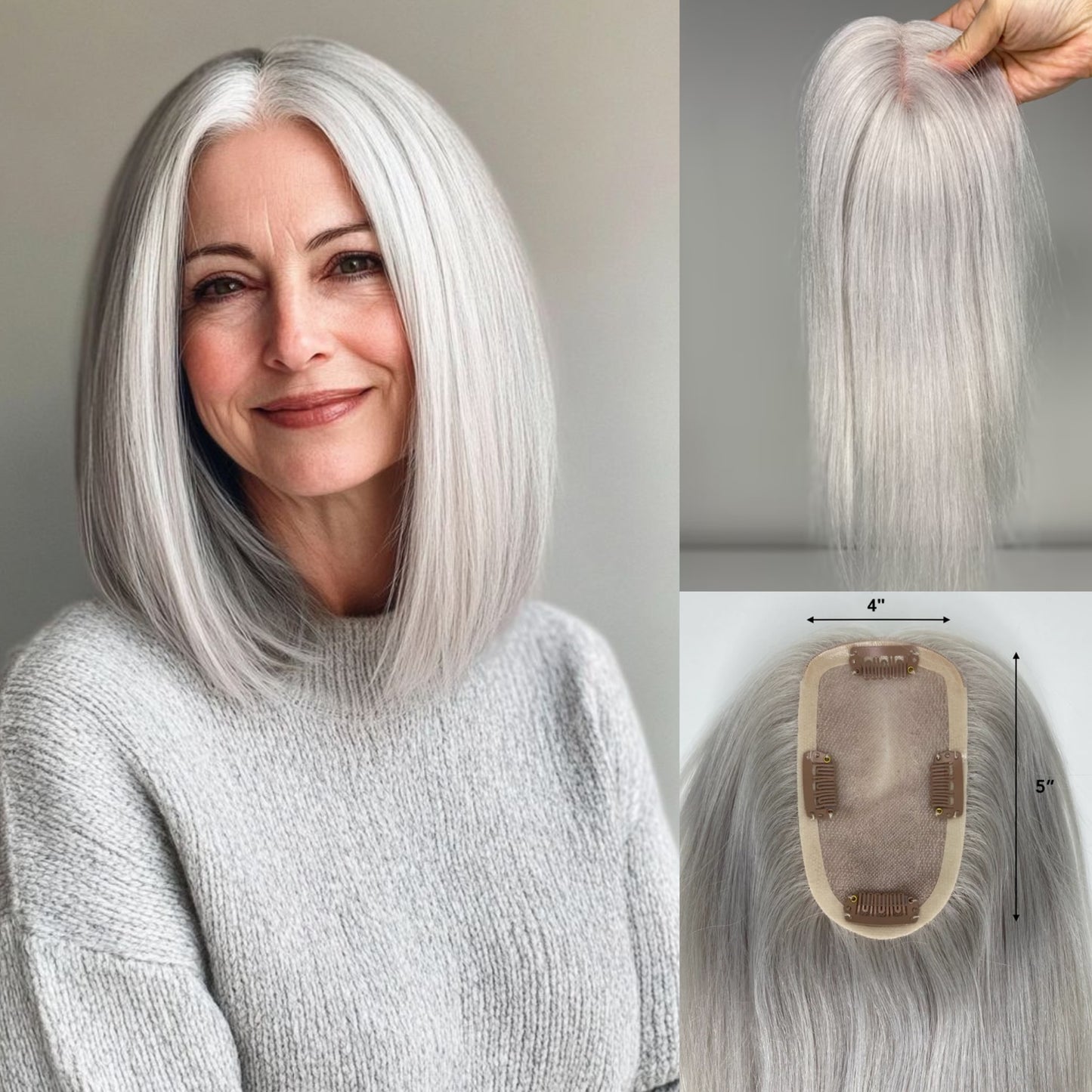 White Forehead Grey Human Hair Topper for Women