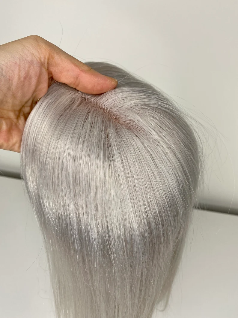 White Forehead Grey Human Hair Topper for Women
