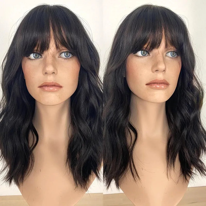 ナチュラルなボディウェーブ、フリンジ付きリアルヘアトッパー、前髪付き人毛トッパー
