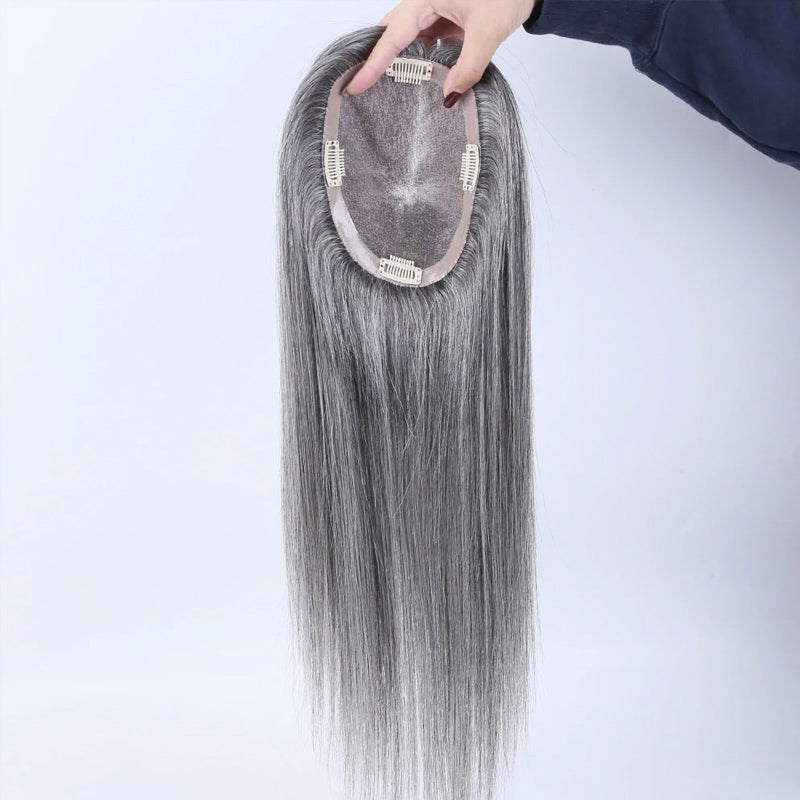 White Forehead Grey Human Hair Topper for Women