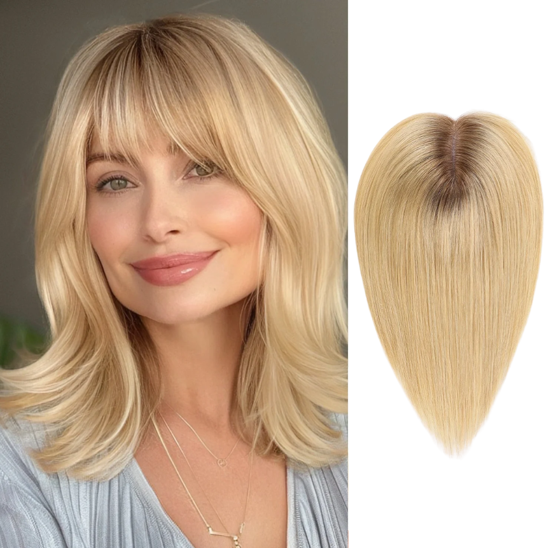 Straight Human Hair Toppers for Women Real Human Hair With Bangs, Hair Pieces for Thinning Hair Wiglets