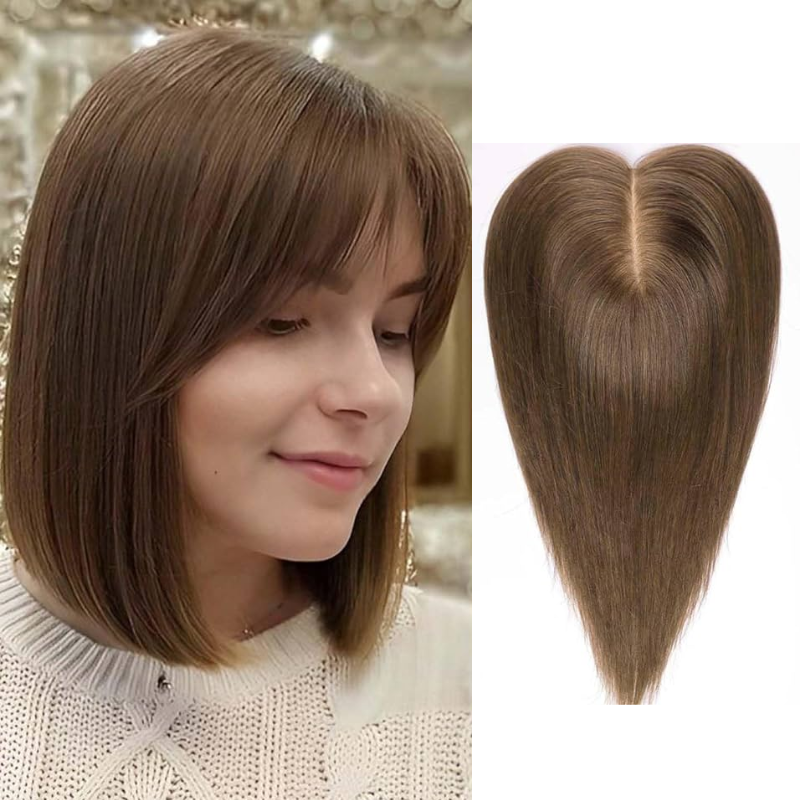Straight Human Hair Toppers for Women Real Human Hair With Bangs, Hair Pieces for Thinning Hair Wiglets