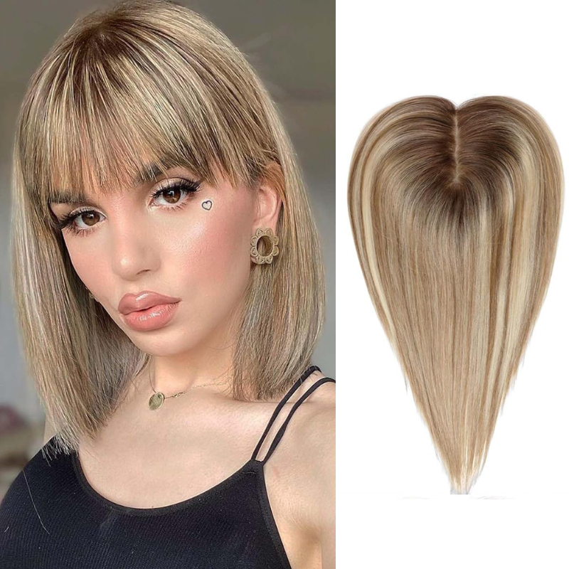 Straight Human Hair Toppers for Women Real Human Hair With Bangs, Hair Pieces for Thinning Hair Wiglets