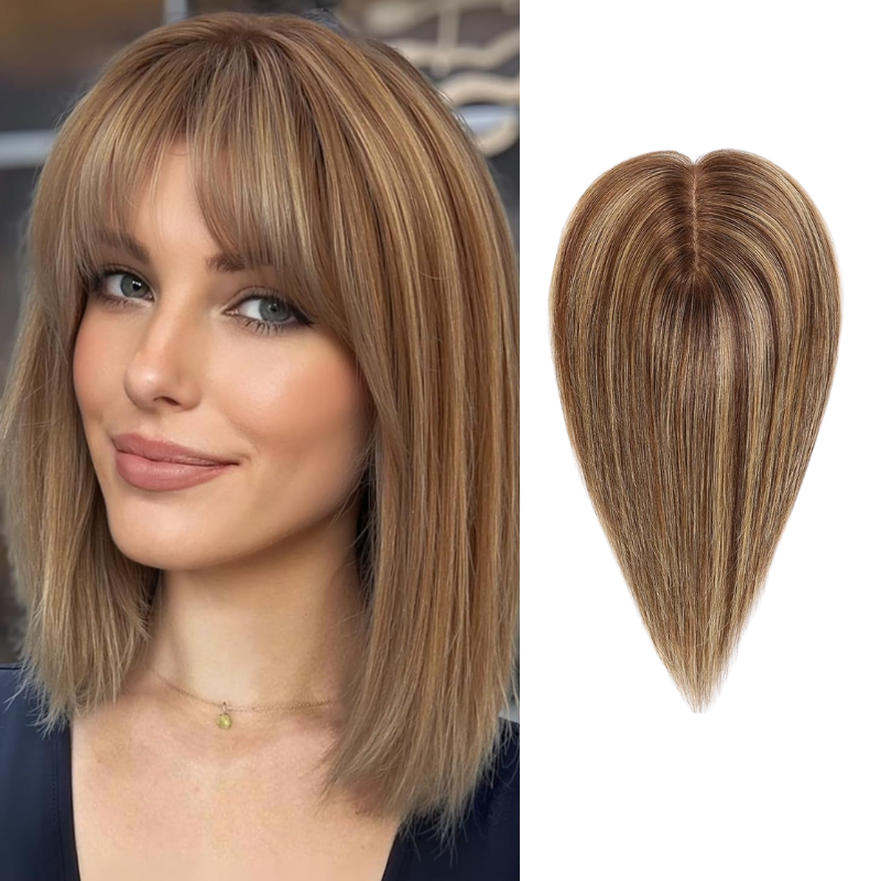 Straight Human Hair Toppers for Women Real Human Hair With Bangs, Hair Pieces for Thinning Hair Wiglets