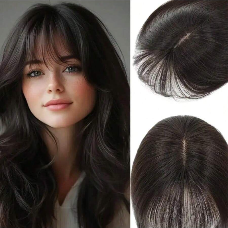 Straight Human Hair Toppers for Women Real Human Hair With Bangs, Hair Pieces for Thinning Hair Wiglets