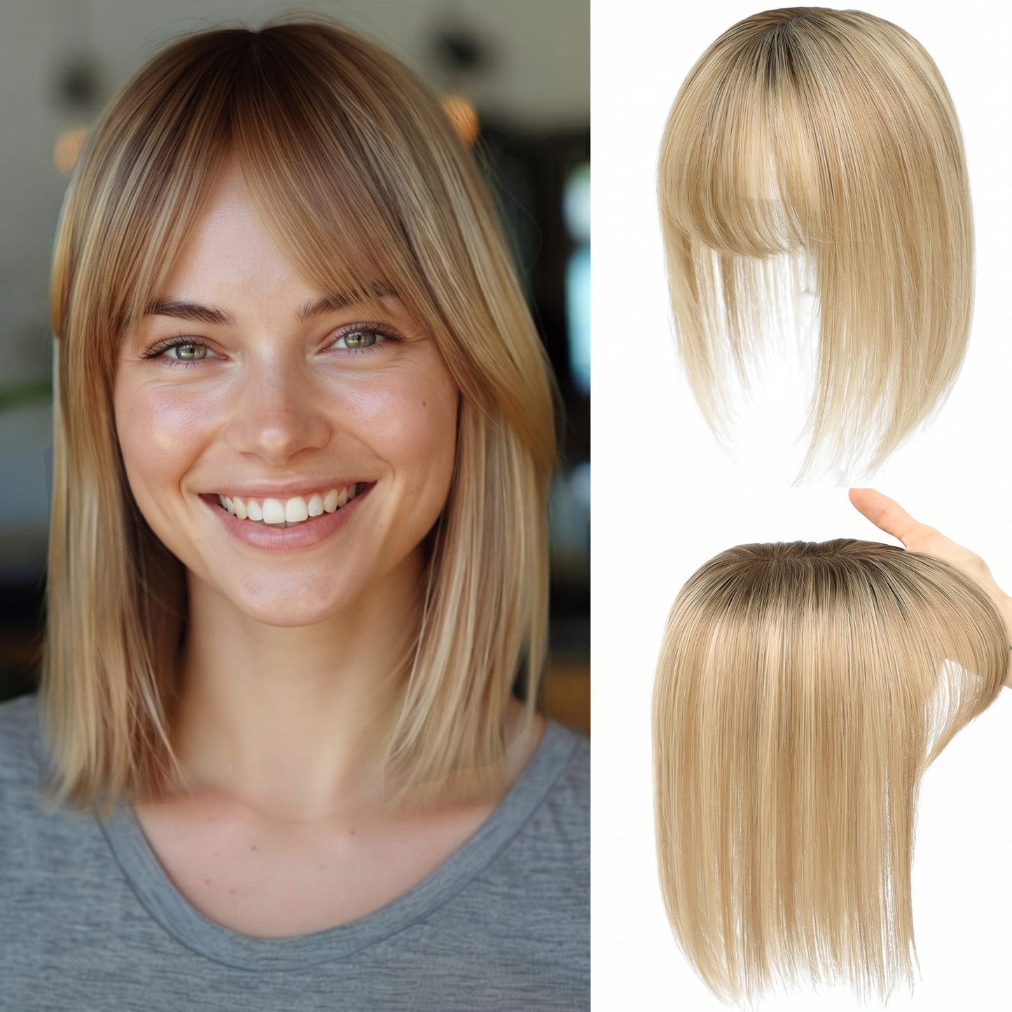 Postizos de cabello humano liso para mujer, extensiones de cabello humano real con flequillo, para cabello fino y fino.