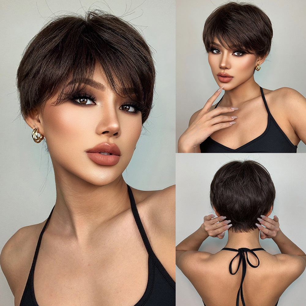 Short Brown Pixie Cut Wigs for Women - Layered Synthetic Hair Wig with Bangs