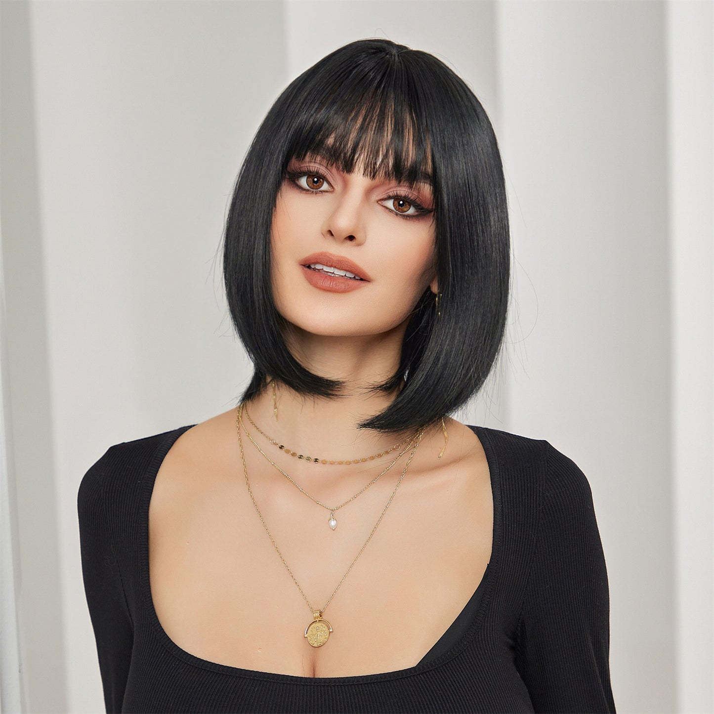 Straight Bob Wig with Airy Bangs - Short Synthetic Hair Wigs for Women