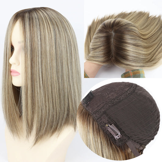 14 inch Wig for Women #Q8 Blonde Mix Highlight Rooted Human Hair Wig