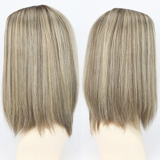 14 inch Wig for Women #Q8 Blonde Mix Highlight Rooted Human Hair Wig