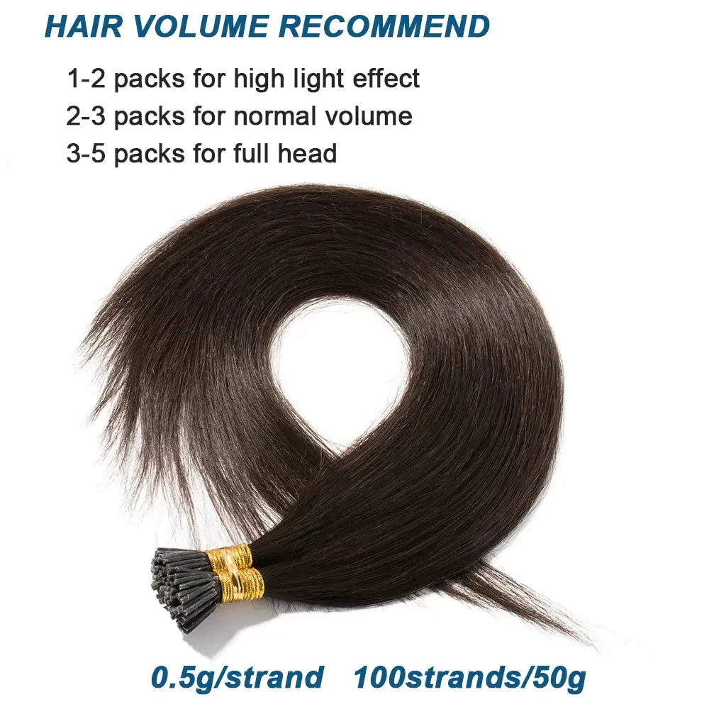 100 Strands I Tip Hair Extensions Straight Pre Bonded Stick I Tip Human Hair Keratin Cold Fusion Hair Extensions 50g - VIVACROWN