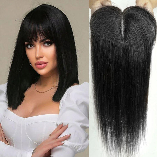 Straight Human Hair Toppers for Women Real Human Hair With Bangs, Hair Pieces for Thinning Hair Wiglets
