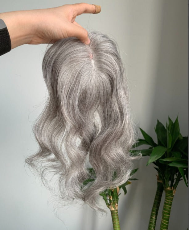 (Viktoria) 9*14cm Mono Base Wavy Human Hair topper With Bangs