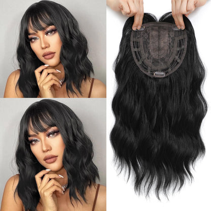 薄毛対策に！前髪付きプレミアムウェーブヘアトッパー（ホットセール） - 自然なボリュームのある人毛