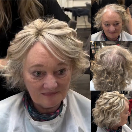 薄毛の女性のためのカーリーヘアトッパー。髪を整えて、自然で輝く外観を実現します。 