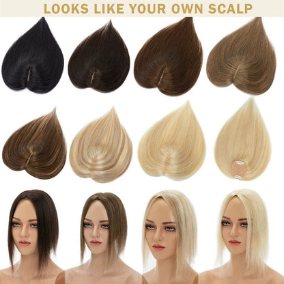 Small Human Hair Topper 2.3''x 3.5'' Silk Base Natural Hair Piece For Women 2 Clips on Hairpiece Invisible Light Topper