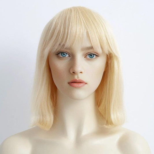613 Blonde Straight Human Hair Wig with Bangs - 12"/14" Medium Length Real Hair Bob Wig for Women