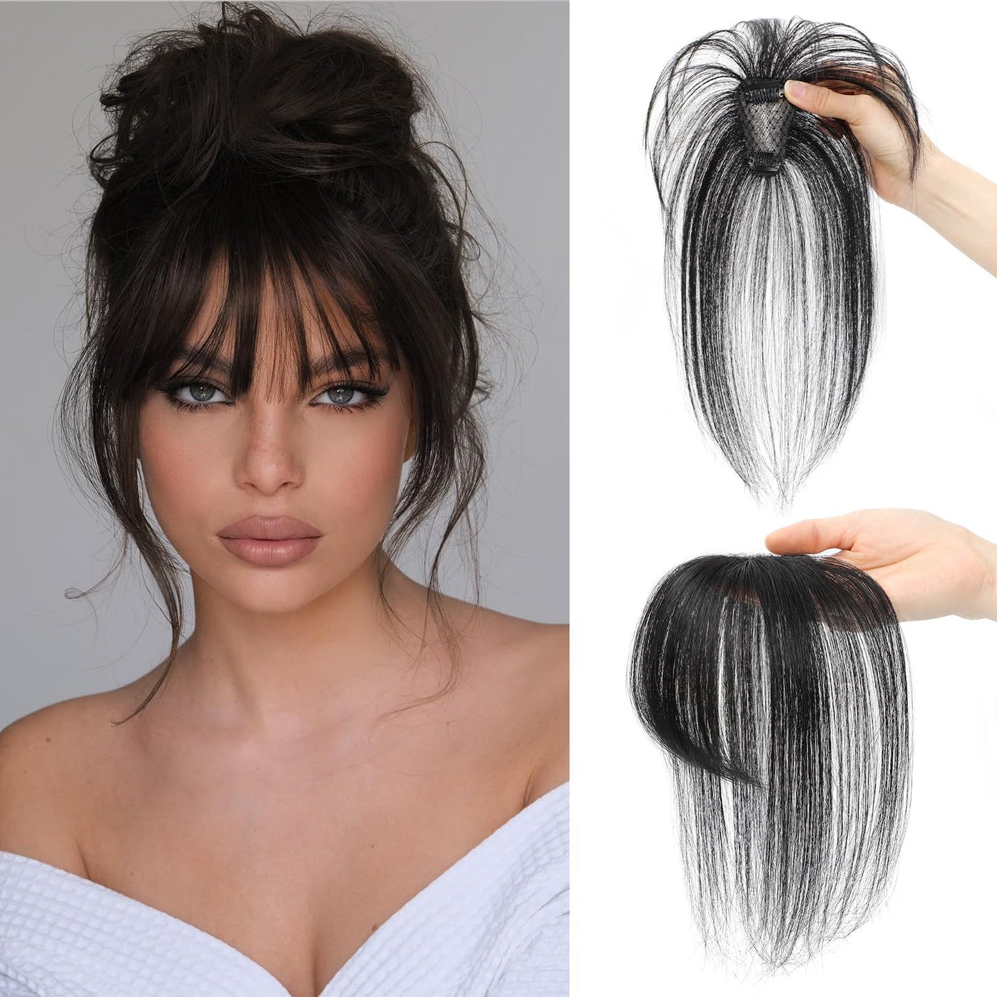Real Human Hair French Bangs Crown Topper — Lightweight 3D Invisible Frontal Hairpiece
