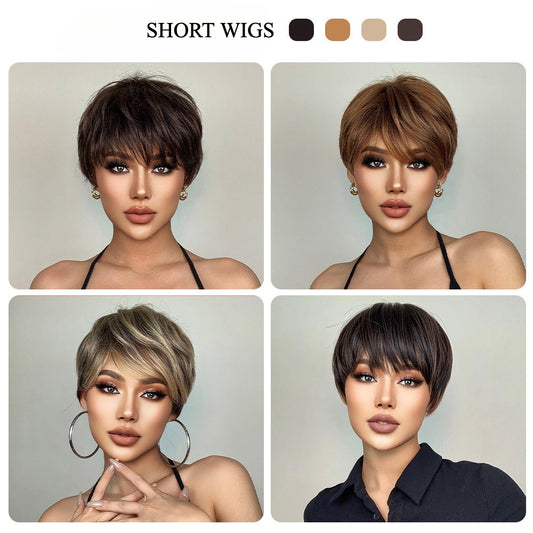 Short Brown Pixie Cut Wigs for Women - Layered Synthetic Hair Wig with Bangs