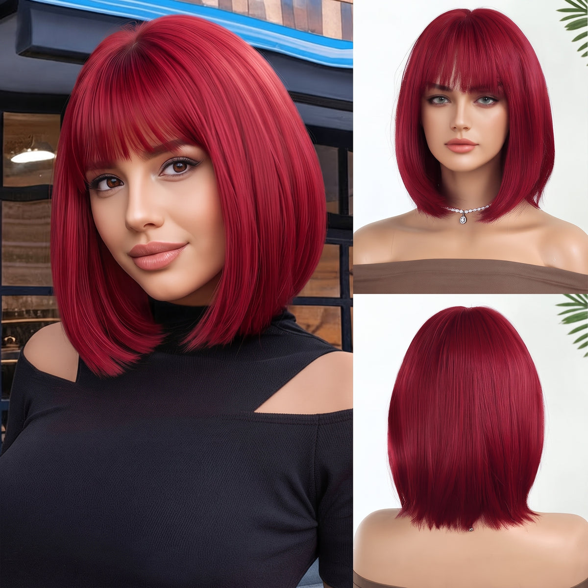 Burgundy BOB Full Cap Wig with Bangs — Short Straight Fall & Winter Hairpiece
