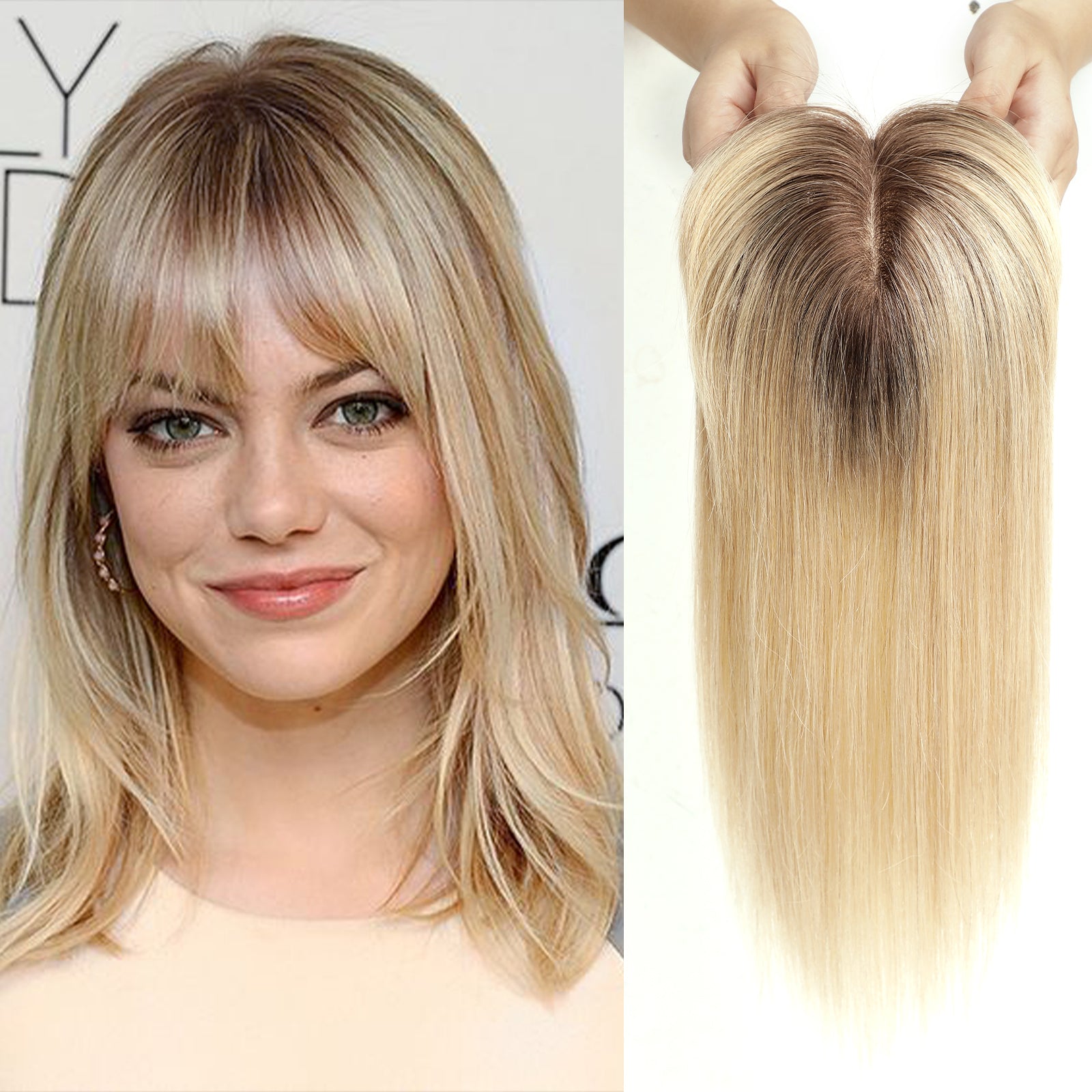 Luxury 100% Remy Human Hair Topper Breathable Silk Base Hairpiece with Bangs