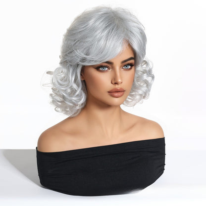 Short Curly Silver White Wigs for Women - Layered Wavy Synthetic Wig with Fringe