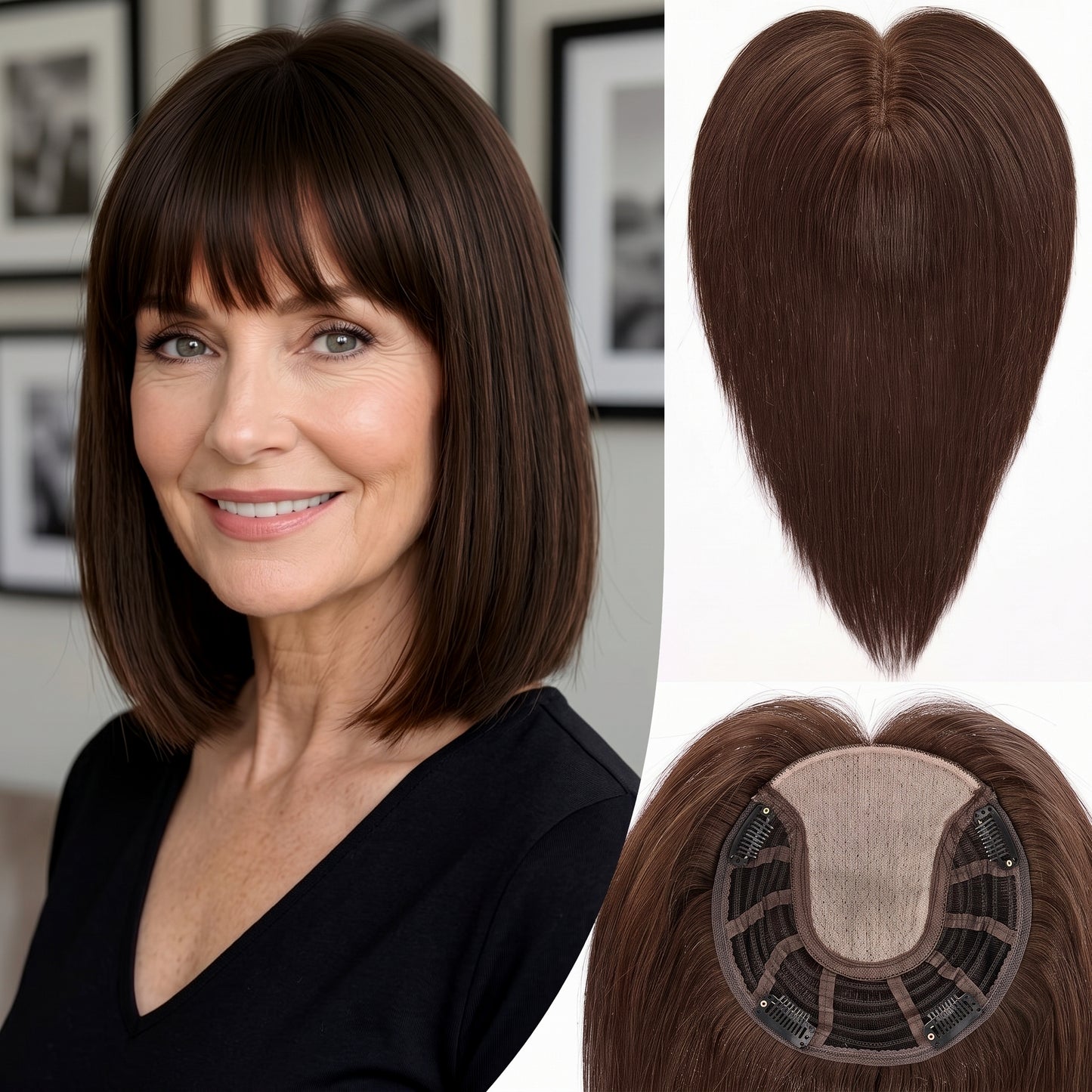 Straight Bob Hair Topper with Bangs – Instant Crown Volume & Coverage for Thinning Hair