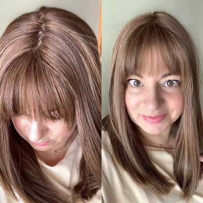 女性用ストレートナチュラルヘアトッパー、前髪付き。高品質のヘアスタイルクリップで、自分の髪に完璧に溶け込みます。 