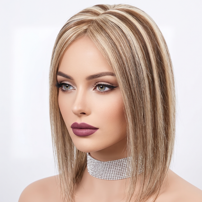 Luxury Blonde Highlights Straight Hair Topper for Women | Silk Base Human Hair Piece