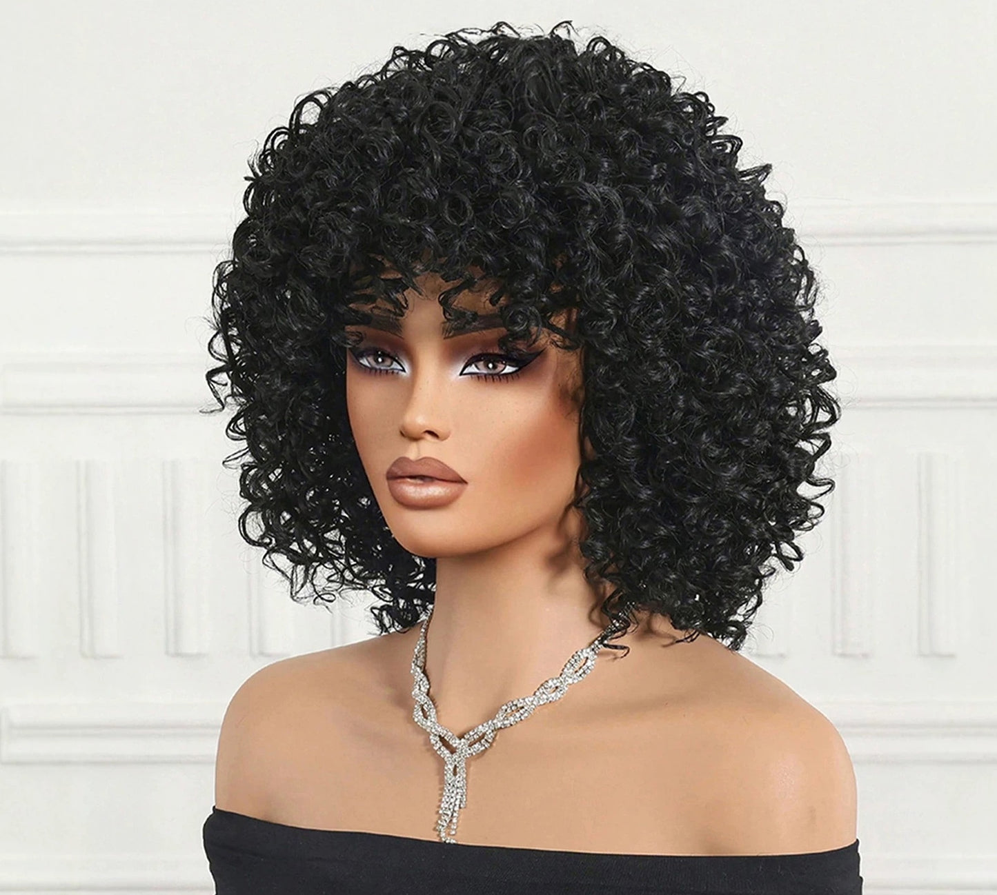Voluminous Black Short Curly Wig — Fluffy African Curly Synthetic Hairpiece for Women