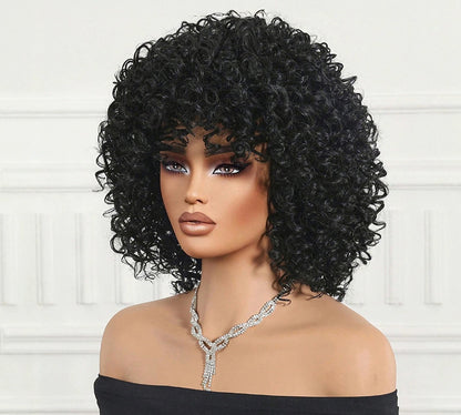 Voluminous Black Short Curly Wig — Fluffy African Curly Synthetic Hairpiece for Women