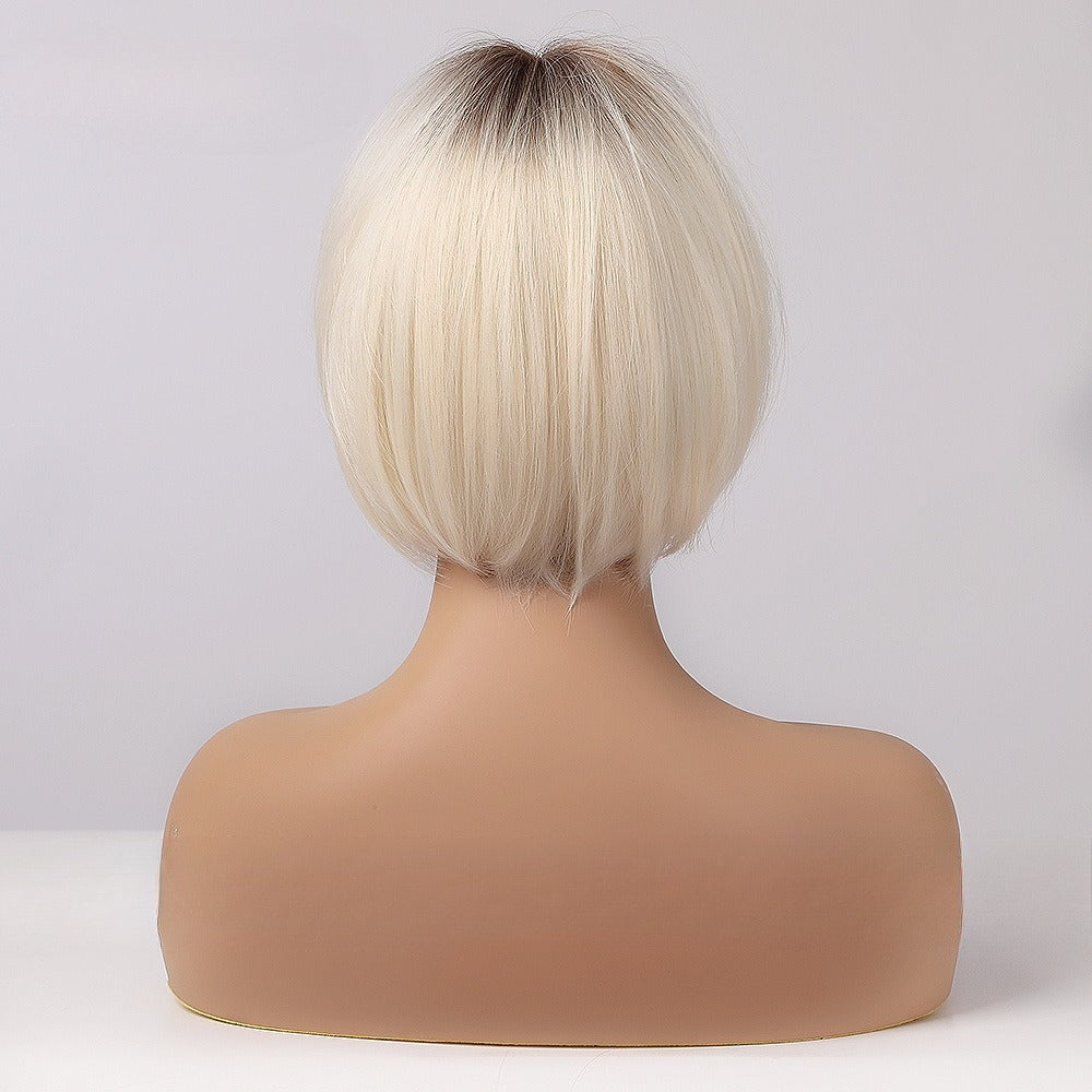 Short Blonde Bob Wig with Bangs for Women, Ombre Mixed Brown Synthetic Hair Wig