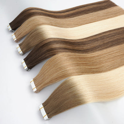 Extensiones de cabello humano REMY con cinta adhesiva de 10 pulgadas, 100 g, 40 unidades por paquete, sin costuras.