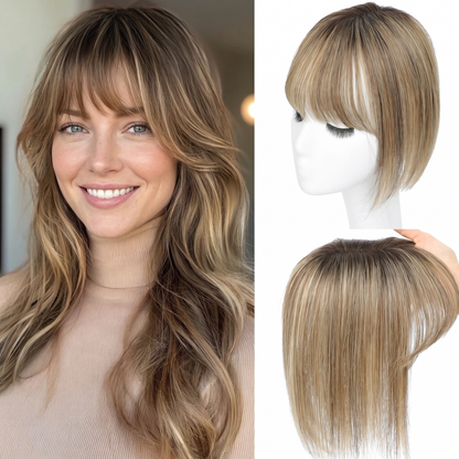 Postizos de cabello humano liso para mujer, extensiones de cabello humano real con flequillo, para cabello fino y fino. 