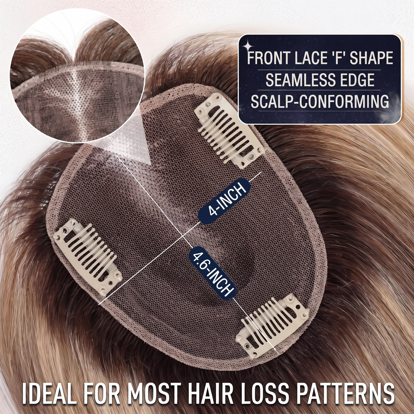 4x4.6" Swiss Mesh Topper — Seamless Remy Human Hair with Natural Gradient Fullness