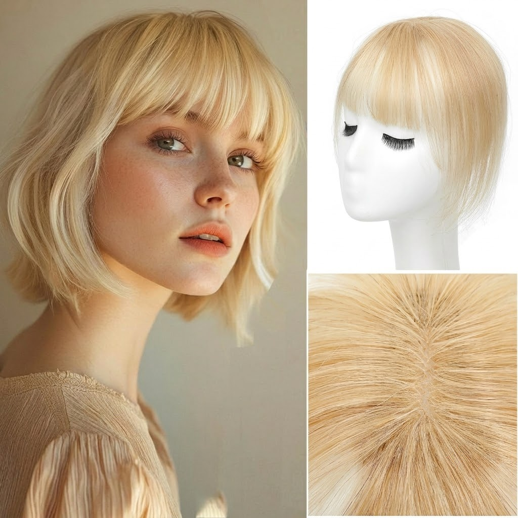 Real Human Hair French Bangs Crown Topper — Lightweight 3D Invisible Frontal Hairpiece