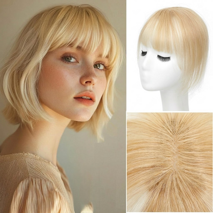Real Human Hair French Bangs Crown Topper — Lightweight 3D Invisible Frontal Hairpiece