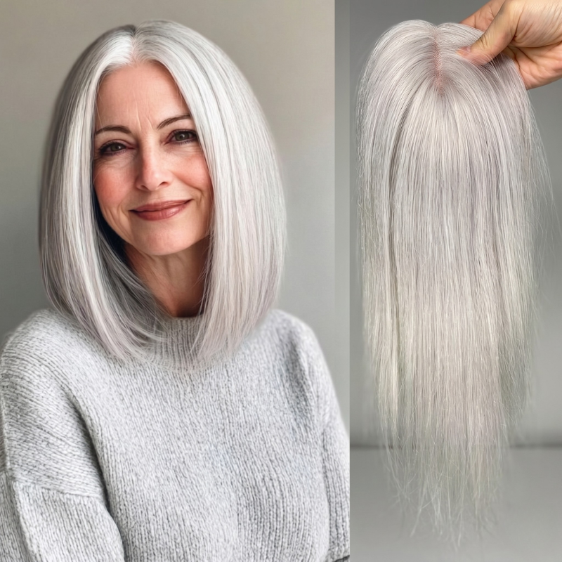 100% Virgin Remy Light Silver Mono Base Human  Hair Pieces for Women
