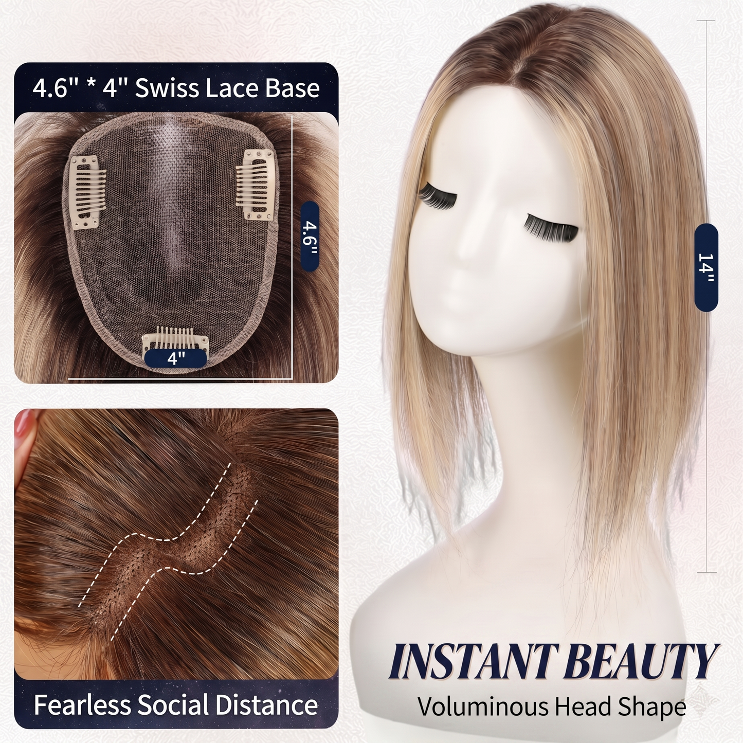 4x4.6" Swiss Mesh Topper — Seamless Remy Human Hair with Natural Gradient Fullness