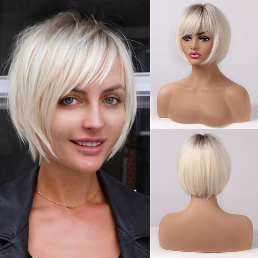 Short Blonde Bob Wig with Bangs for Women, Ombre Mixed Brown Synthetic Hair Wig