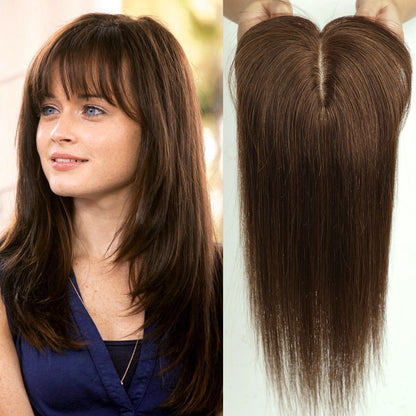 Luxury 100% Remy Human Hair Topper – Breathable Silk Base Hairpiece with Bangs for Seamless Volume