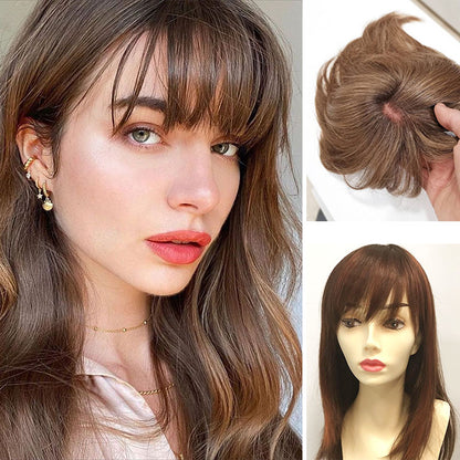 女性用ストレートナチュラルヘアトッパー、前髪付き。高品質のヘアスタイルクリップで、自分の髪に完璧に溶け込みます。 
