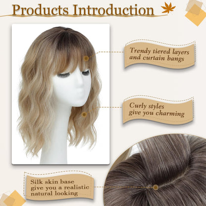 薄毛対策に！前髪付きプレミアムウェーブヘアトッパー（ホットセール） - 自然なボリュームのある人毛