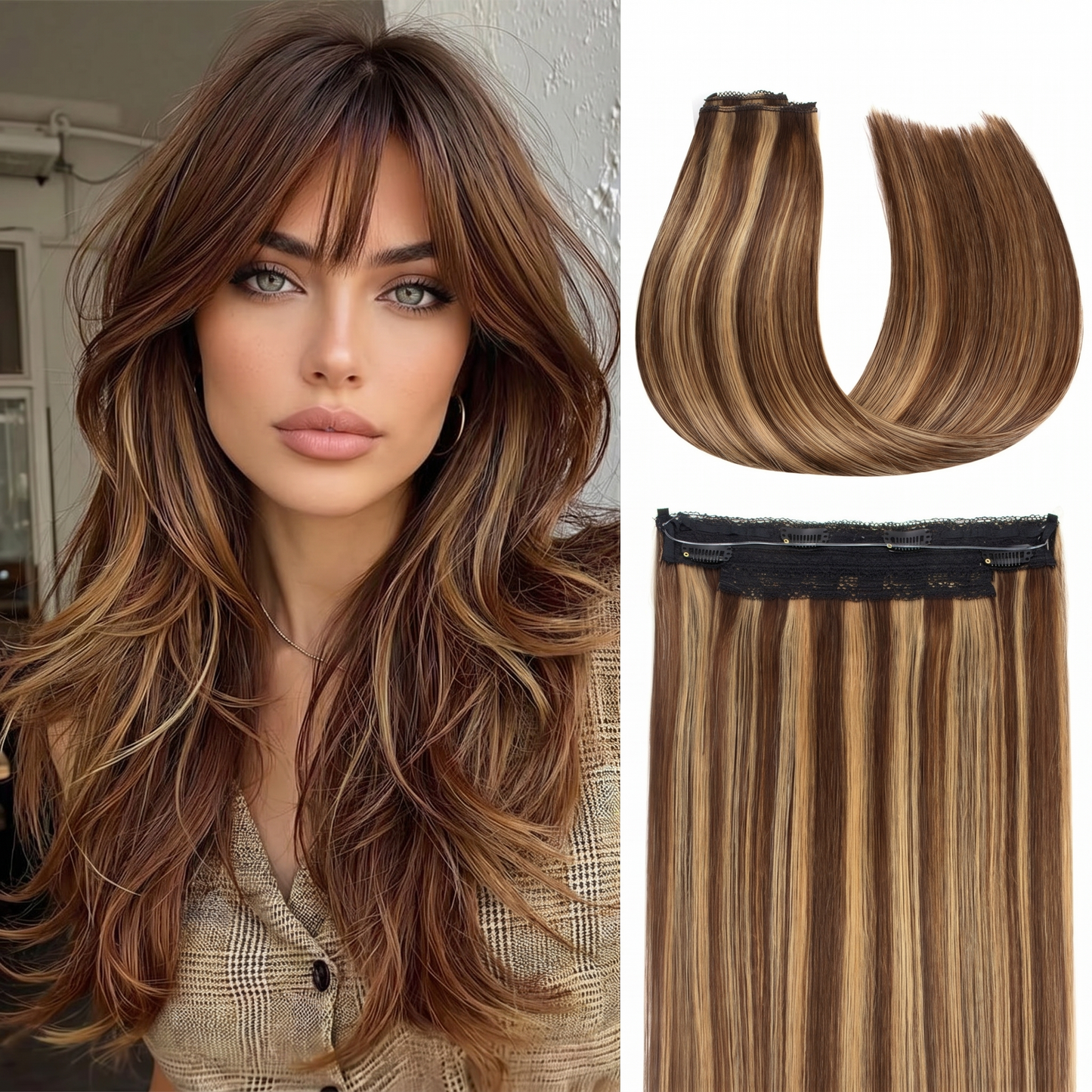 VIVACROWN Signature Hybrid Halo Extensions - Secure Clips & Invisible Wire - Natural Look Fiber for Instant Volume