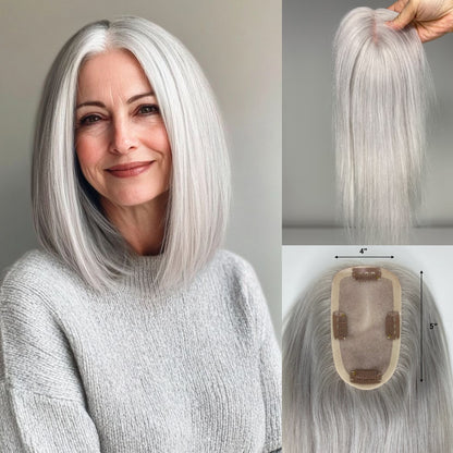 White Forehead Grey Human Hair Topper for Women